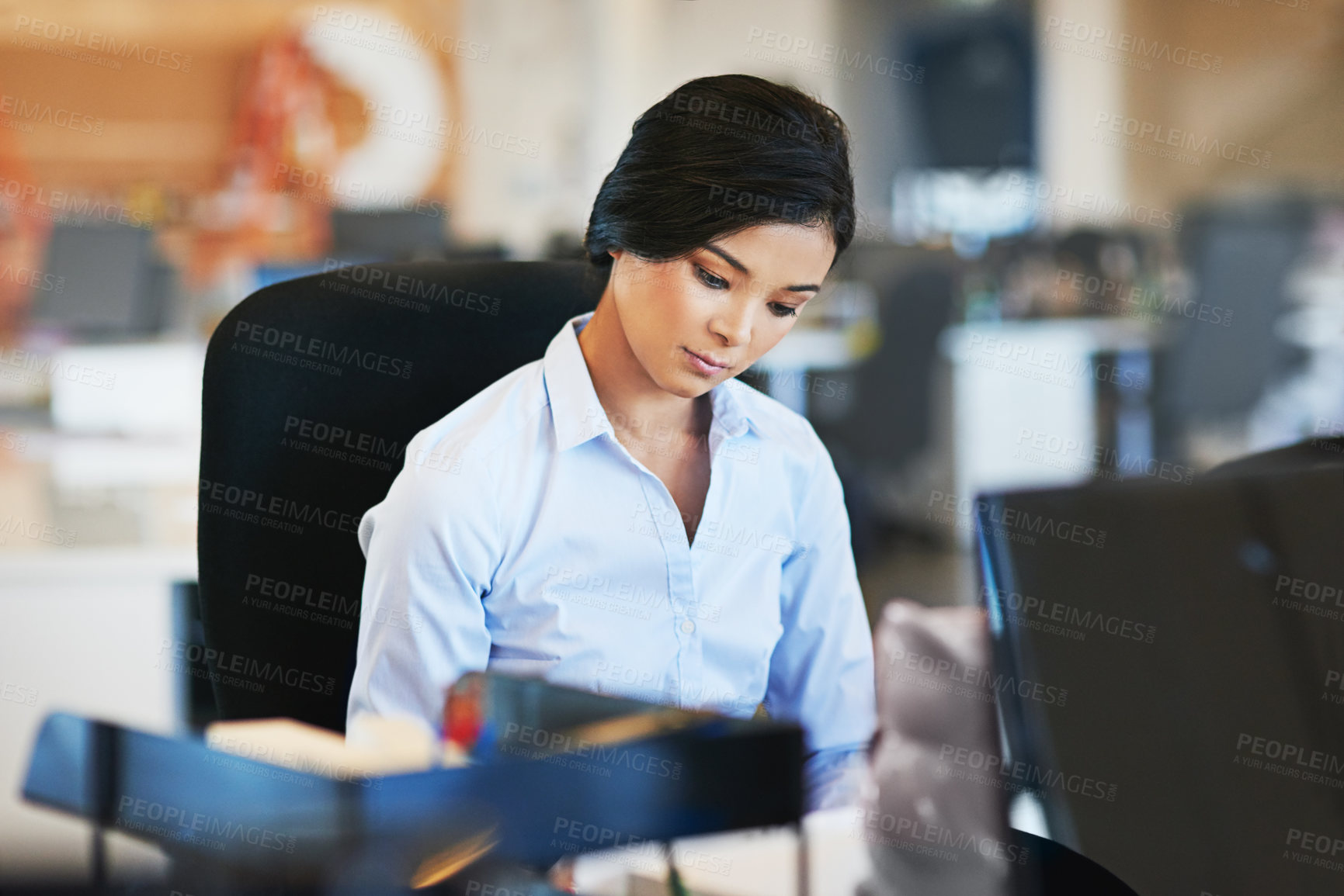 Buy stock photo Corporate, Asian woman and working in office, focus and planning schedule, deadline and employee. Business, female worker and administrator thinking, target and goal success, calm and professional