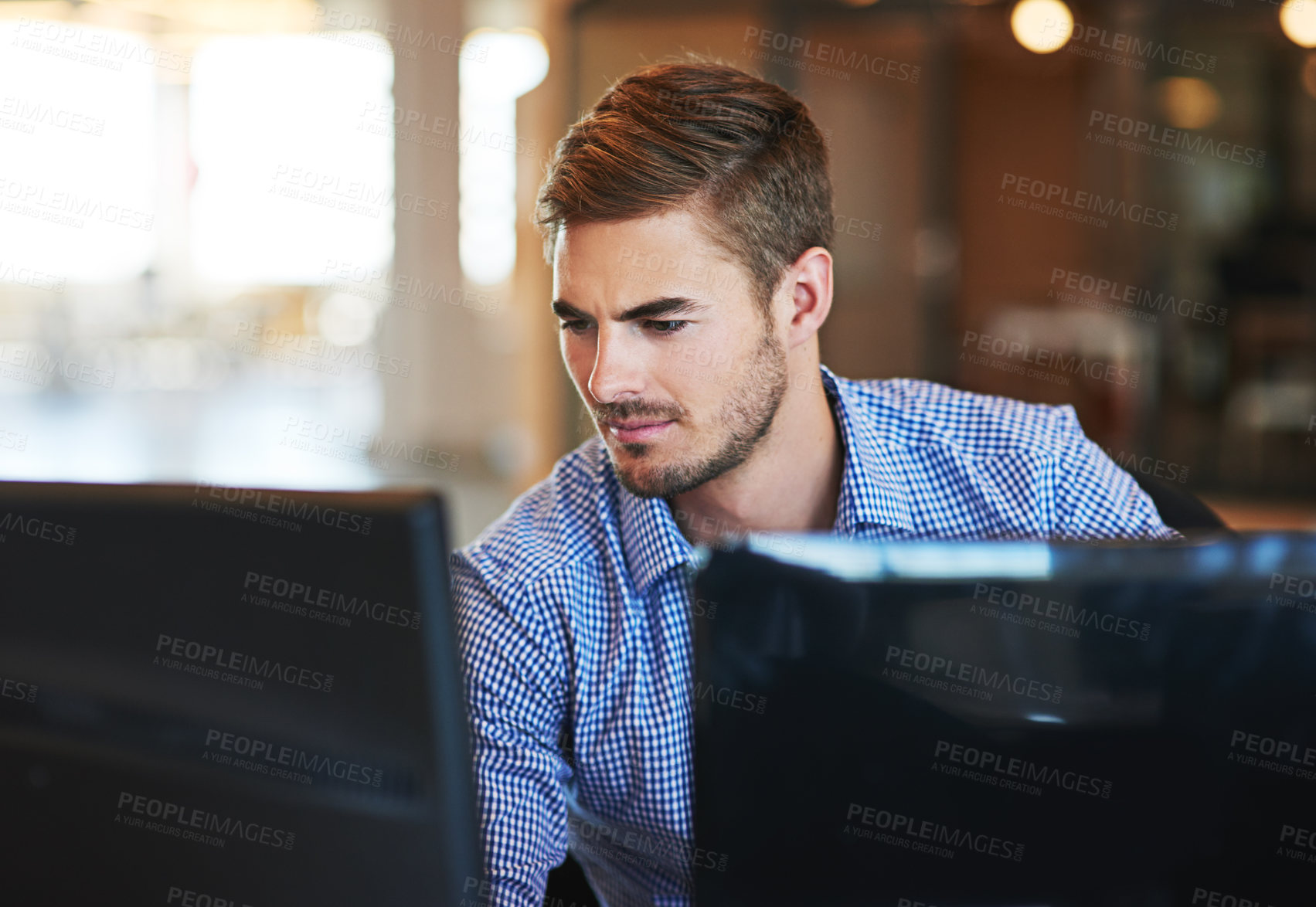 Buy stock photo Business man, confused and working in information technology, computer system upgrade and software development. Focus, IT worker with tech glitch, 404 with internet connectivity fail and programming