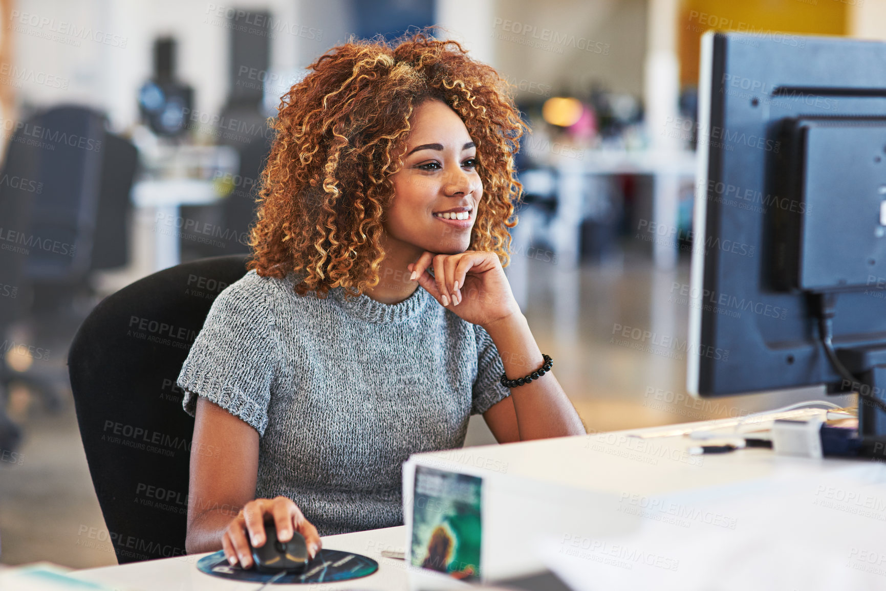 Buy stock photo Connection, secretary and black woman with a computer for business, internet and corporate research. Online, work and African employee with a smile while reading executive information on the web