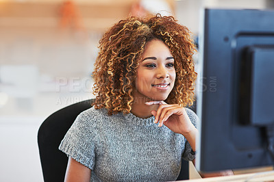 Buy stock photo Email, connectivity and black woman with a computer for business, internet and corporate research. Online, work and African employee with a smile while reading executive information on the web