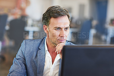 Buy stock photo Senior businessman, reading online report and pc for web design planning, networking or digital marketing. Mature man, thinking and tech strategy analytics or logistics research on office computer