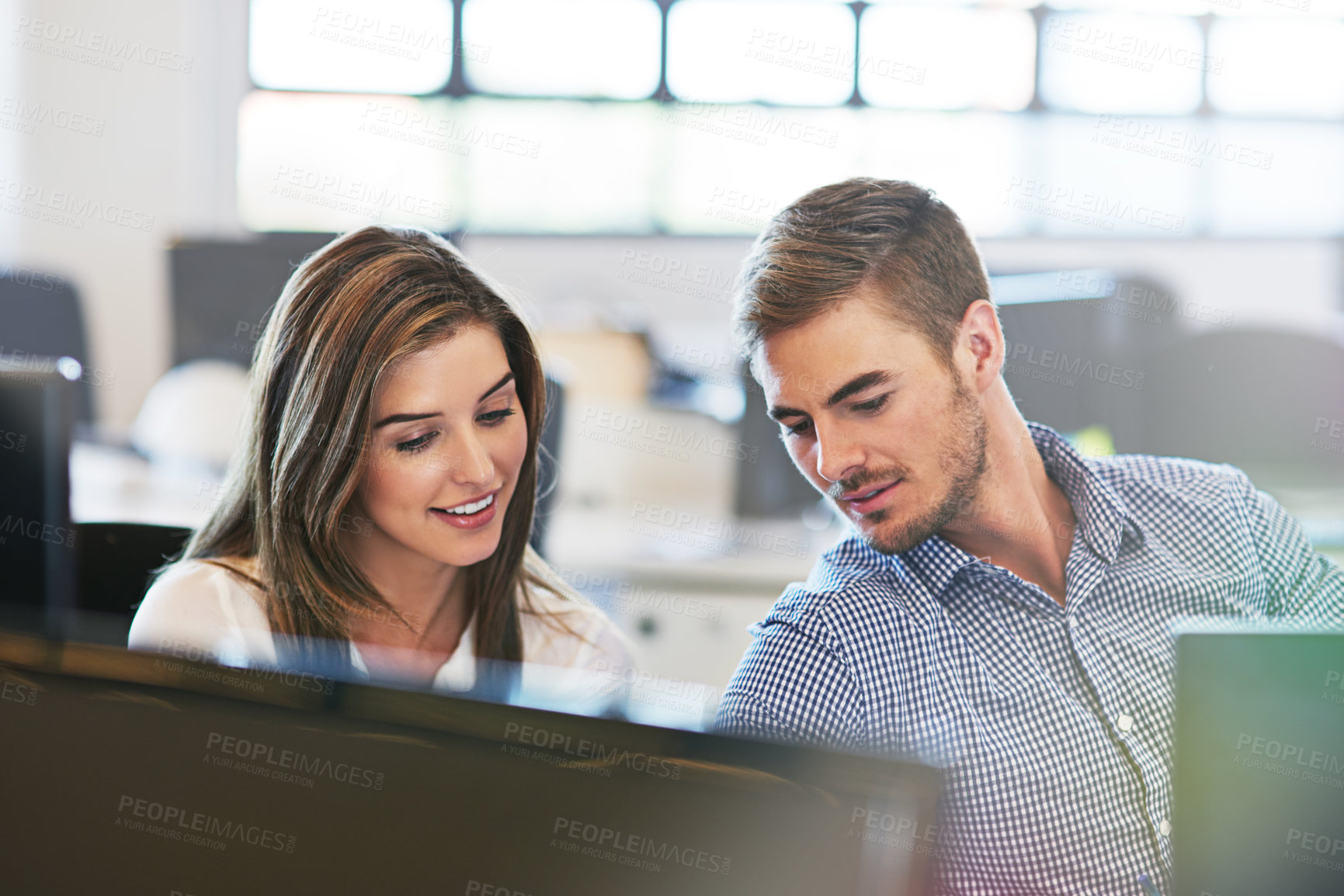 Buy stock photo Business people, collaboration and discussion for idea, strategy or conversation together at the office. Man and woman employee workers on computer and sharing ideas for project plan at the workplace