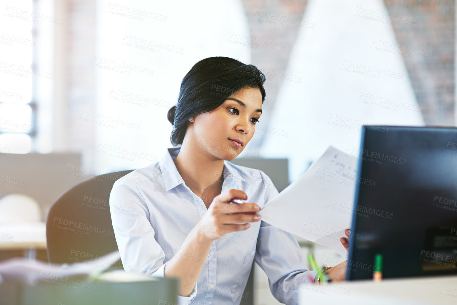 Buy stock photo Asian woman, lawyer and document in office for investigation, testimonial and case preparation. Female attorney, reading and paperwork for legal settlement, client statement and confidential evidence