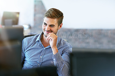 Buy stock photo Happy, smile and face of businessman at computer for management, leadership and vision. Professional, executive and future with thinking employee in digital agency for mindset, career or goal