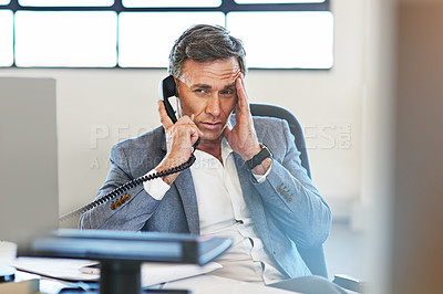 Buy stock photo Senior businessman, headache stress and telephone call, online communicaton and employee anxiety in office. Frustrated man, phone call conversation and upset for networking conflict with head pain 
