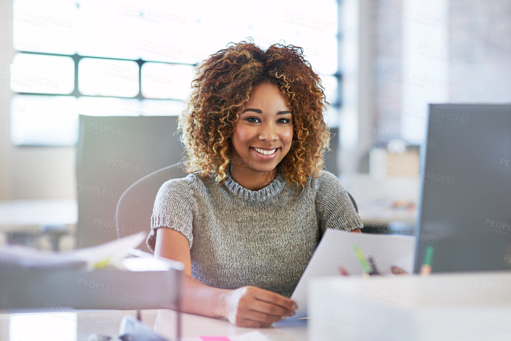 Buy stock photo Documents, smile and portrait of black woman with contract for office project or market research at creative startup desk. Happy, paperwork and woman with sales report analysis or performance review.