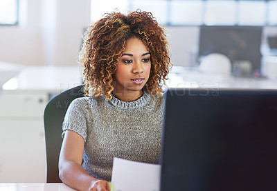 Buy stock photo Business laptop, reading and black woman doing feedback review of financial portfolio, stock market or investment. Online economy research, bitcoin mining and trader trading nft, forex or crypto