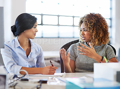 Buy stock photo Collaboration, meeting and planning with business women in the office, talking about company strategy. Teamwork, partnership and communication with a female employee chatting to a colleague at work