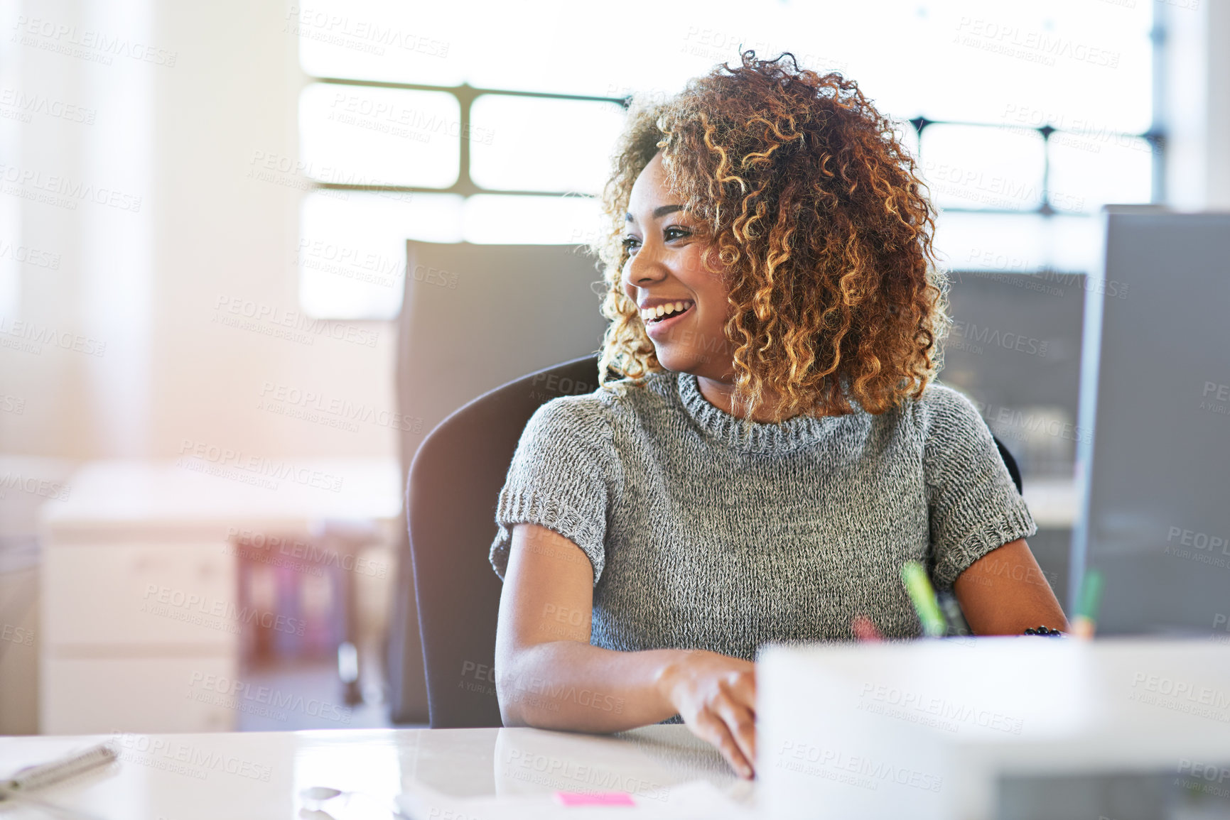 Buy stock photo Thinking, working and motivation with a business black woman sitting her desk in the company office. Idea, inspiration and vision with a young female employee at work on a target or goal