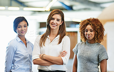 Buy stock photo Portrait of a diverse group of young woman standing in an office