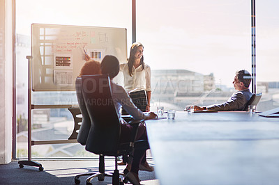 Buy stock photo Startup, business meeting and woman at white board in office for creative brainstorming corporate workshop. Strategy, planning our vision and team of women and men in marketing meeting presentation.