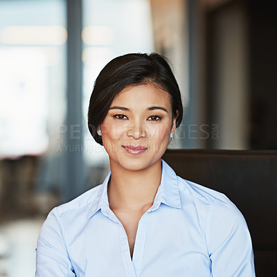 Buy stock photo Portrait, young and Asian business woman working in a modern office and smiling. Happy, confident and female entrepreneur or insurance professional in Bangkok on a webcam at a company