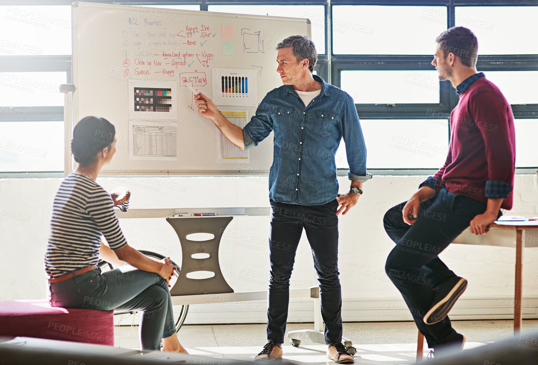 Buy stock photo Collaboration, meeting and whiteboard with business people in office for discussion, review or negotiation. Consulting, partnership and presentation with manager in boardroom for process feedback
