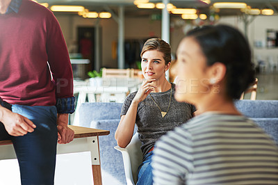 Buy stock photo Business, woman and leader in meeting with employees, brainstorming and discussion for new project, planning and marketing campaign. Female employee, team and staff share ideas, teamwork and talking