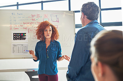 Buy stock photo Teaching, coaching and black woman with a brainstorming presentation for a strategy, goal and idea. Meeting, teamwork and creative woman in a workshop with a team writing sales ideas on a whiteboard