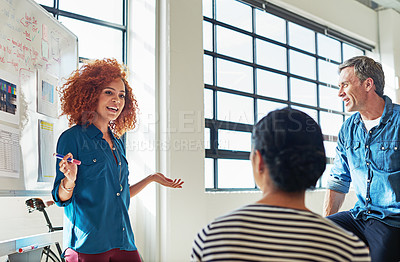 Buy stock photo Presentation, training and business woman with a collaboration for a strategy, goal and idea. Meeting, teamwork and creative boss in a workshop with a team writing sales ideas on a whiteboard