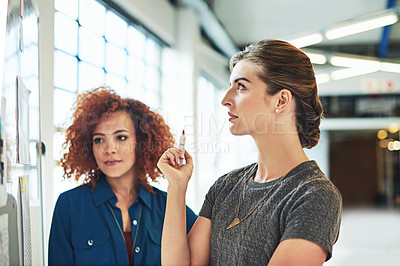 Buy stock photo Collaboration, meeting and strategy with a business woman team working or planning for growth together in the office. Teamwork, thinking or brainstorming with a female employee and colleague at work