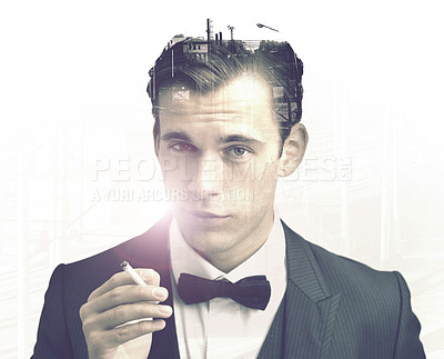 Buy stock photo Businessman, portrait and cigarette with suit in studio or wealthy vintage or city overlay, smoking or white background. Male person, nicotine and classic fashion with bowtie, tuxedo or mockup space
