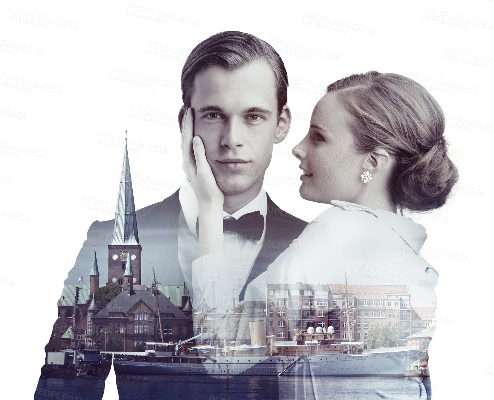 Buy stock photo Couple, classy and vintage fashion in studio with city building overlay for luxury, tuxedo or white background. Man, woman and face for fancy event together or formal clothing, gentleman or mockup