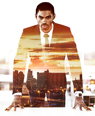Buy stock photo Business, man and double exposure of city or skyline on portrait with power from leadership in white background. Serious, politician and cutout of person with development of African town or project