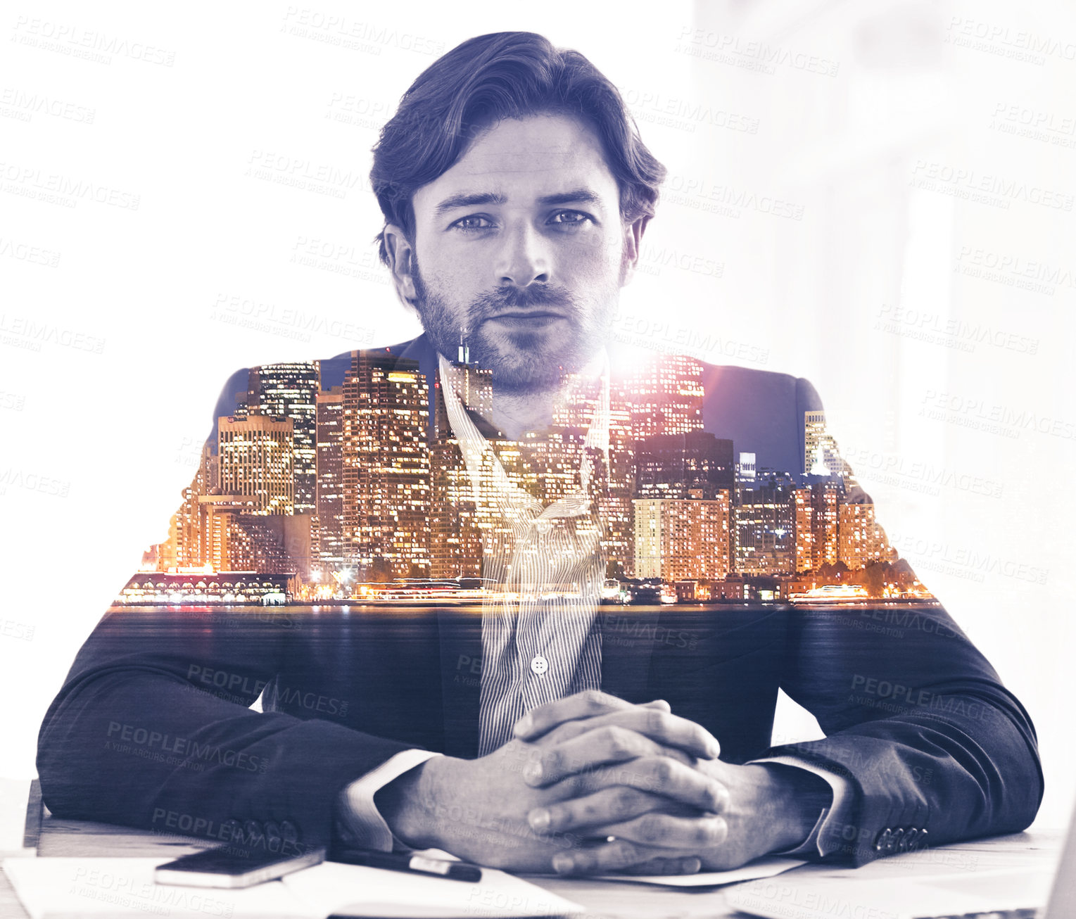 Buy stock photo Business, man and paperwork with city in double exposure, office and thinking for research and information. Corporate, desk and confident with document for work, idea and vision for company growth