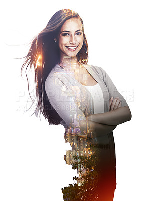 Buy stock photo Woman, double exposure and graphic of lady in white background for digital, design and urban city. City girl, graphic and studio for arms crossed, smile and advanced technology and happy for fashion 