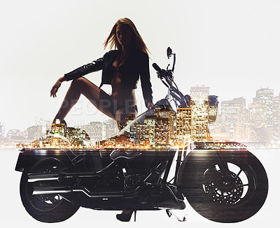 Buy stock photo Woman in leather jacket, bikini and motorcycle on double exposure in the city. Motorbike, lingerie and model in urban town for freedom to travel, journey on transportation and body for fashion style