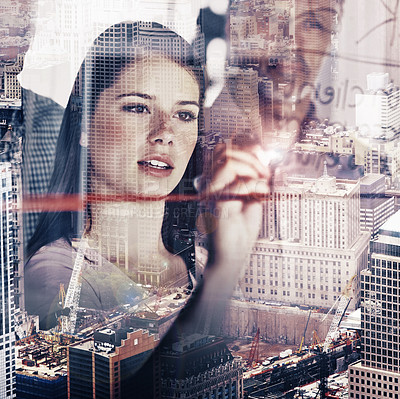 Buy stock photo Multiple exposure shot of a city skyline superimposed on businesspeople brainstorming