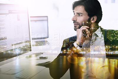 Buy stock photo Computer, thinking and businessman with city overlay in office reading information for law project. Legal career, ideas and professional male attorney working on case with desktop in workplace.