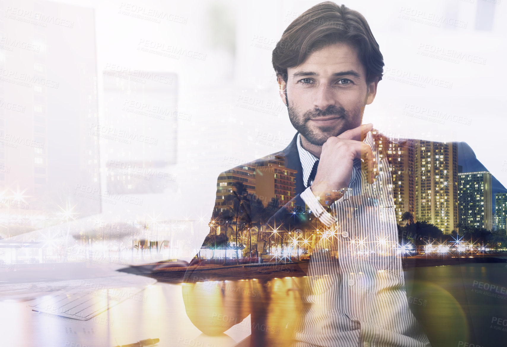 Buy stock photo Smile, portrait and businessman with city overlay in office with positive and confident attitude. Legal career, happy and professional male attorney working on case with double exposure in workplace.