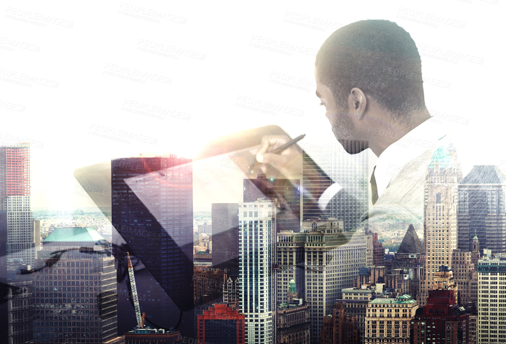 Buy stock photo Double exposure, man or city on digital pen, network or business for information technology on mockup. Black corporate worker, building and touch screen for creative, software and app design