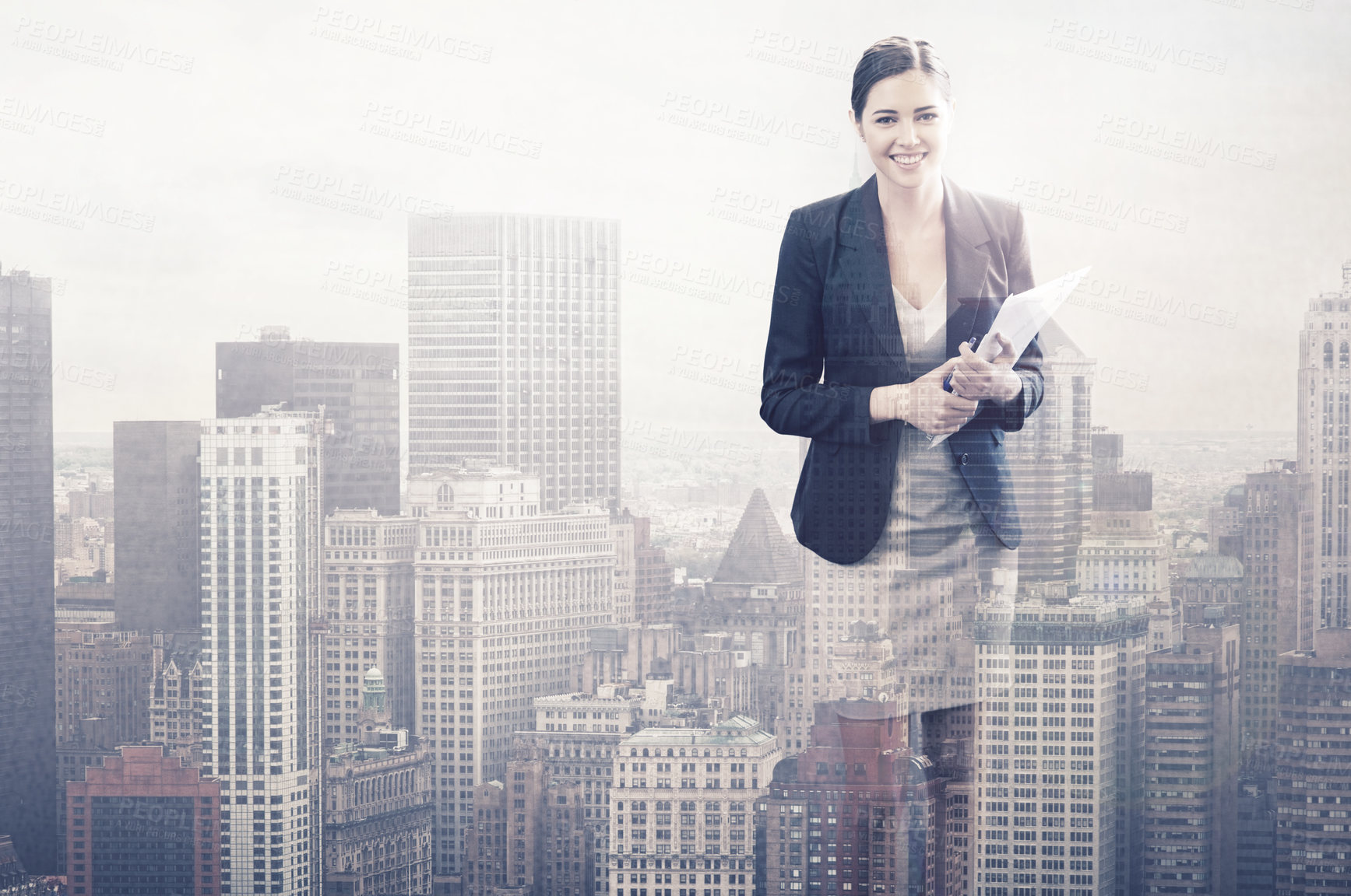 Buy stock photo Double exposure, portrait or happy businesswoman in city, real estate or property development with smile. Ready, confident or female architect as professional, corporate or realtor in urban planning