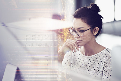 Buy stock photo Double exposure, business and woman with a computer, thinking and online reading with a writing project, plan and search internet. Editor, focus or female person with a pc, hologram or creative ideas