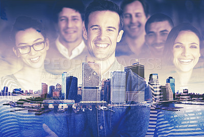 Buy stock photo Multiple exposure shot of a group of happy coworkers superimposed on an urban landscape