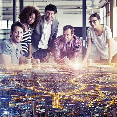Buy stock photo Multiple exposure shot of a group of coworkers superimposed over a city background