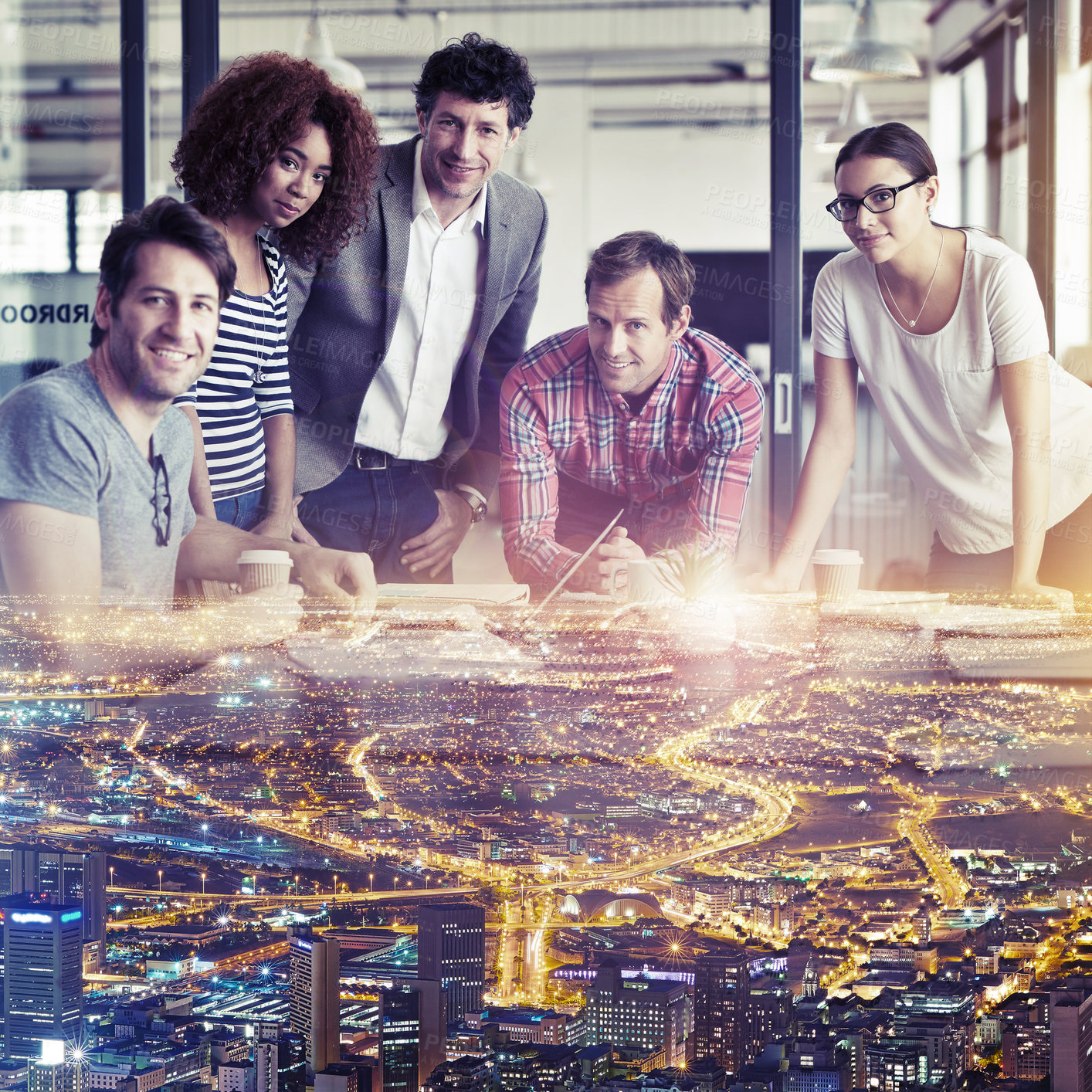 Buy stock photo Multiple exposure shot of a group of coworkers superimposed over a city background