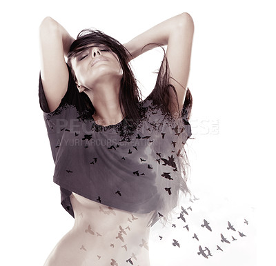 Buy stock photo Fashion, woman and double exposure with birds in studio mockup and confident with trendy style. Model, dance expression and overlay on black top, slim body and glamour clothes by white background