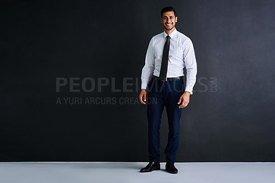 Buy stock photo Corporate, portrait and Indian man in studio with opportunity, mockup and confident professional consultant. About us, investment advisor or happy business development manager on black background