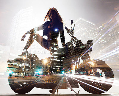 Buy stock photo Woman in leather jacket, lingerie and motorcycle on double exposure in the city. Motorbike, bikini and model in urban town for freedom to travel, journey and sexy portrait of body for fashion style