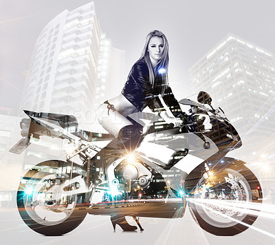 Buy stock photo Woman in leather jacket, lingerie and portrait on motorcycle on double exposure in the city. Motorbike, bikini and model in urban town for freedom to travel, journey and sexy body for fashion style