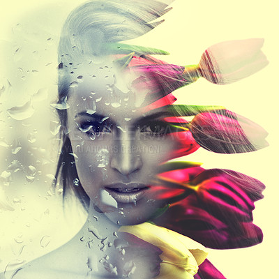 Buy stock photo Woman, portrait or flowers for beauty double exposure, creative make-up or environmental art deco. Female person, face or bloom tulips or artistic rain for summer, wellness look or abstract cosmetics