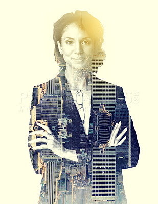 Buy stock photo Woman, business and double exposure for leadership in city with urban planning, development or infrastructure. Female manager, professional or career in architecture with vision of future in New York