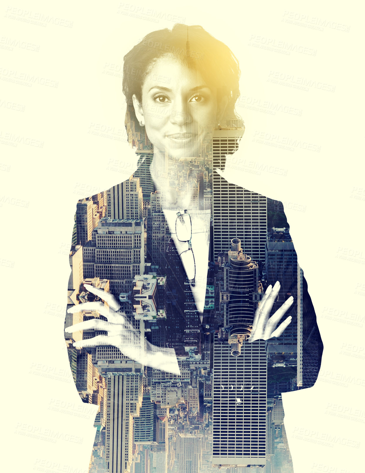 Buy stock photo Woman, business and double exposure for leadership in city with urban planning, development or infrastructure. Female manager, professional or career in architecture with vision of future in New York