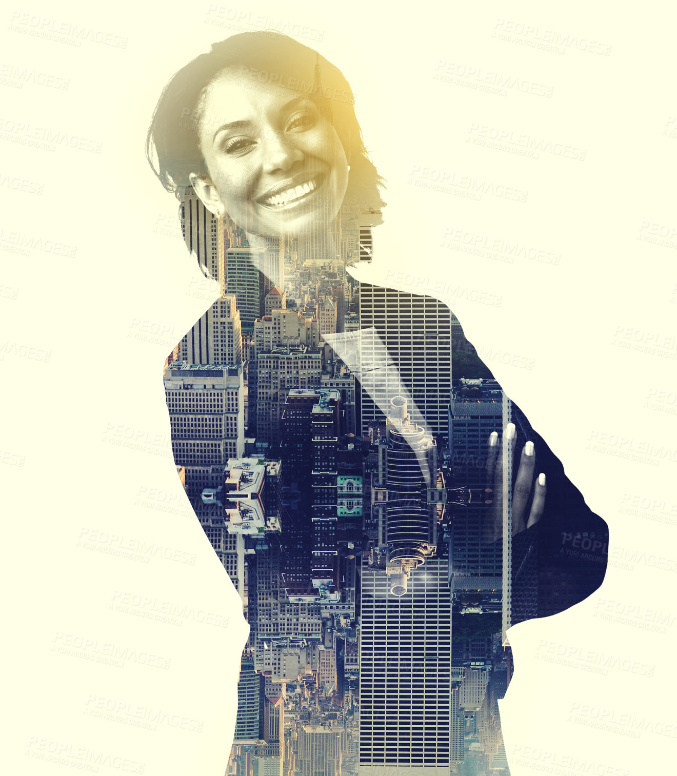 Buy stock photo Businesswoman, smile and double exposure for development in city with urban planning of New York. Female person, corporate or consultant in finance with vision of future management for infrastructure