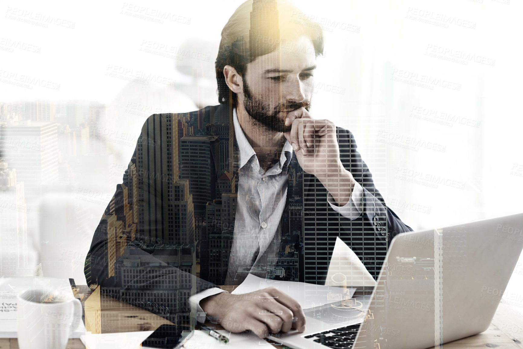 Buy stock photo Double exposure, businessman and laptop on city for research, urban and planning with mockup. Male person, thinking and contemplation of vision, ideas and solutions for future of business in sepia