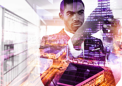 Buy stock photo Business man, city and phone for overlay in office, networking and app for communication. Black male person, lawyer professional and double exposure in workplace, website and research for company