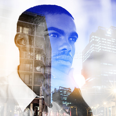 Buy stock photo Man, thinking and double exposure of city for business, planning and strategy for architecture. Future, development and person with inspiration, ideas or architect with innovation for project