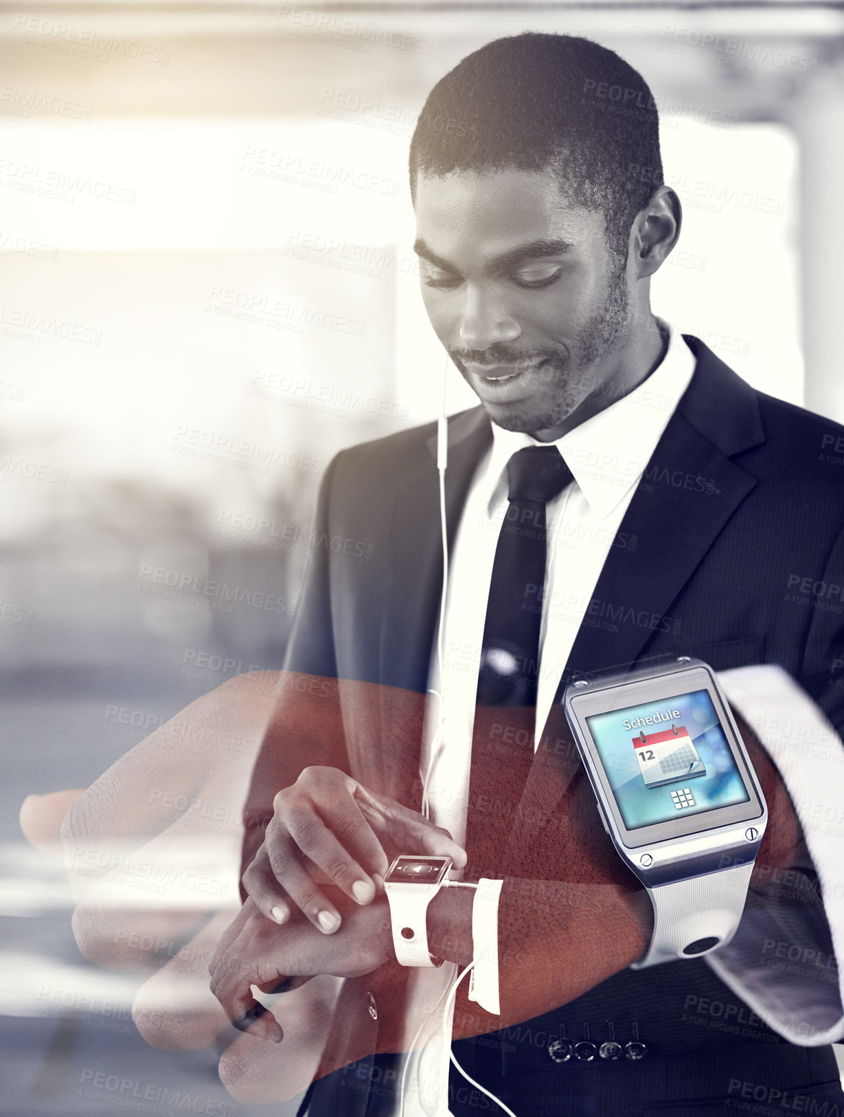 Buy stock photo Businessman, hand and smart watch with double exposure for digital agenda, online schedule and high tech. Black person, suit and arm with future technology for network, screen display and check time