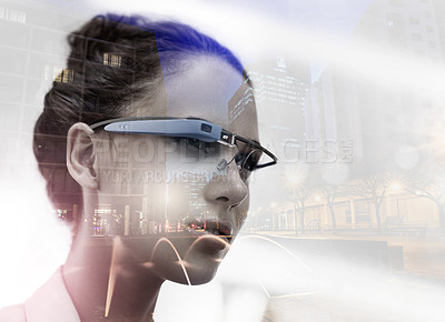 Buy stock photo Double exposure, augmented reality and woman with smart glasses for technology, trader or information. Fintech, female employee and stock market for statistics, profit and data in online investment.
