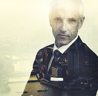 Buy stock photo Businessman, portrait and city for travel, urban and skyline for skyscraper and building on mockup. Corporate person or executive  and mature with suit for confidence and vintage for double exposure
